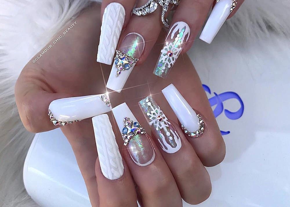 White and Rhinestone Studded Nails - wide 5