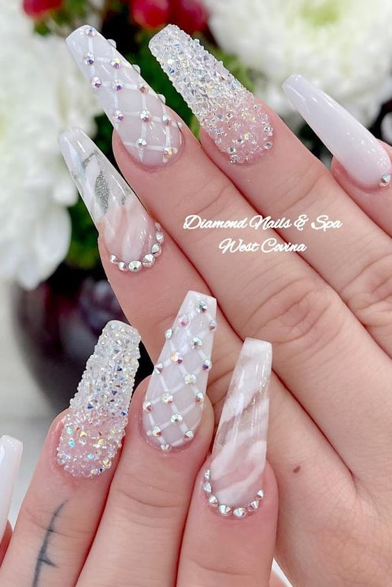 Soft Pink Coffin Nails with Rhinestones