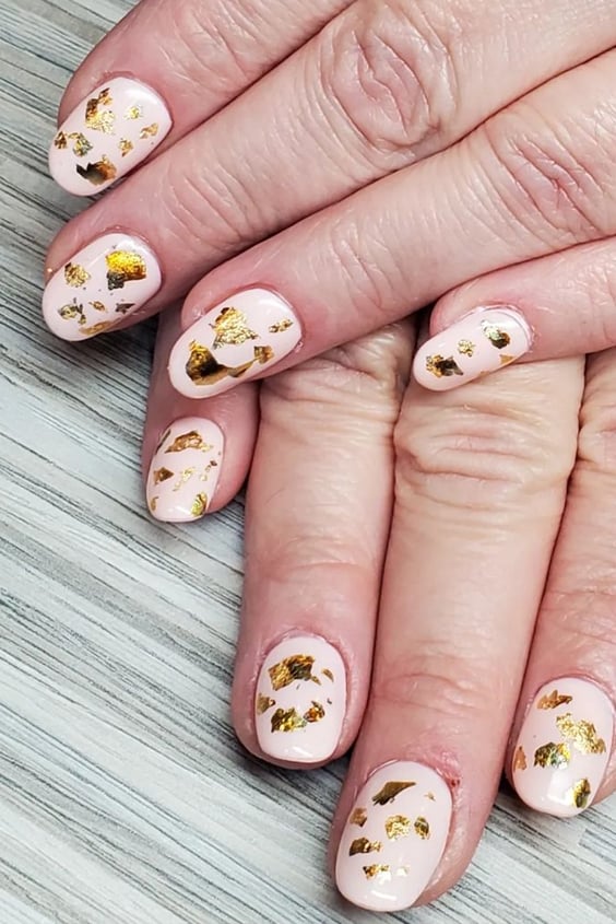 Pink Almond Nails with Gold Foil