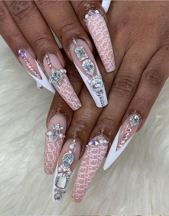 Long Pink Coffin Nails with Plenty of Rhinestones