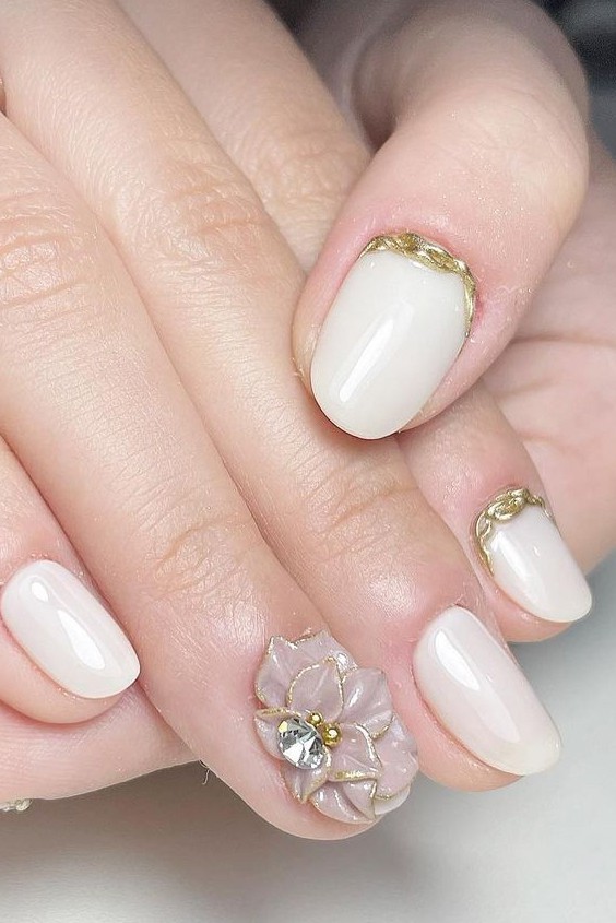 White Almond Nails with 3D Floral