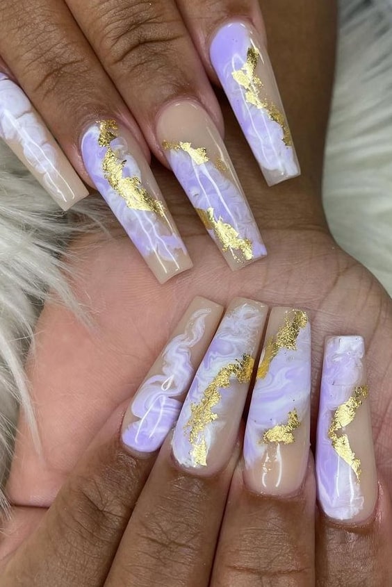 Coffin Nails with Purple Marble and Gold Foil
