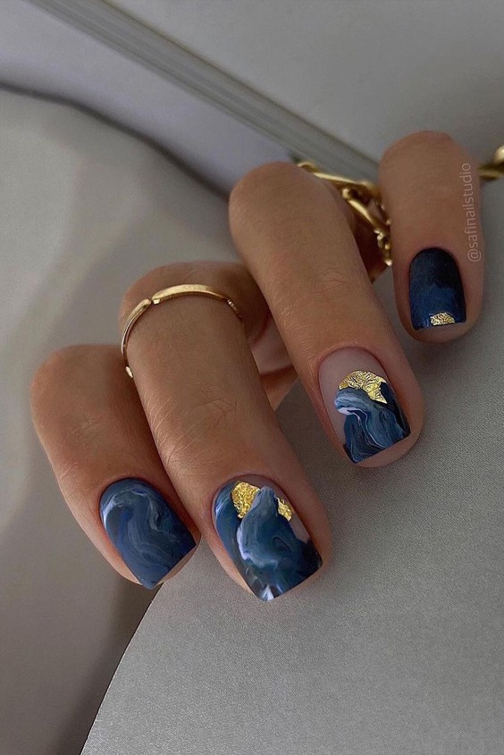 Deep Blue Marble Nails with Gold Foil Accent
