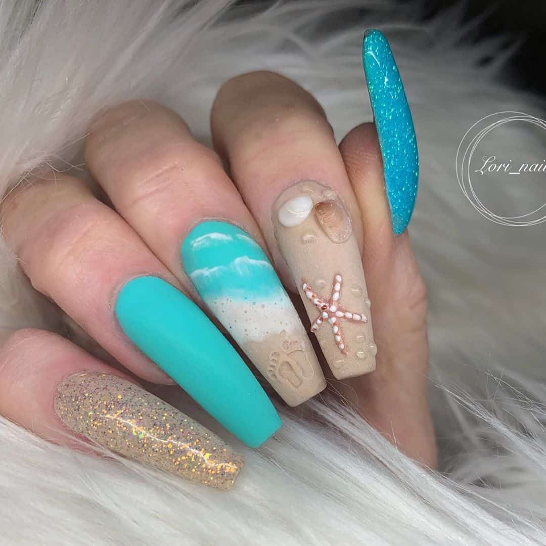 If you love Sea or Oceans then you should try Mermaid Nails. Designs like scales pattern of a mermaid's tail or as simple as a clamshell and starfish. See our post for more nail design ideas for mermaid lovers #ocean #sea #mermaid #lover #nail #nailart #naildesign 