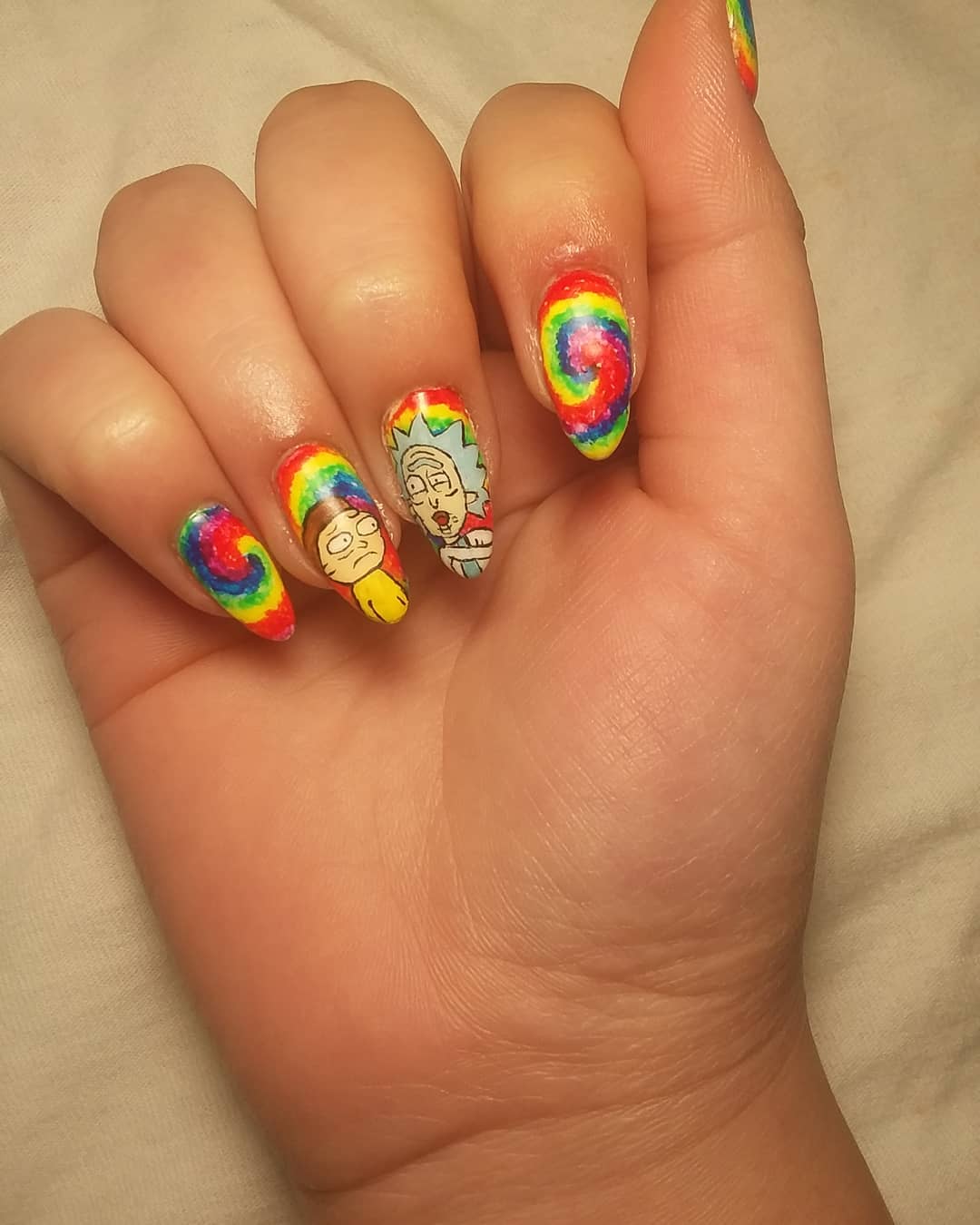 Pointed Nails with Cartoon Designs