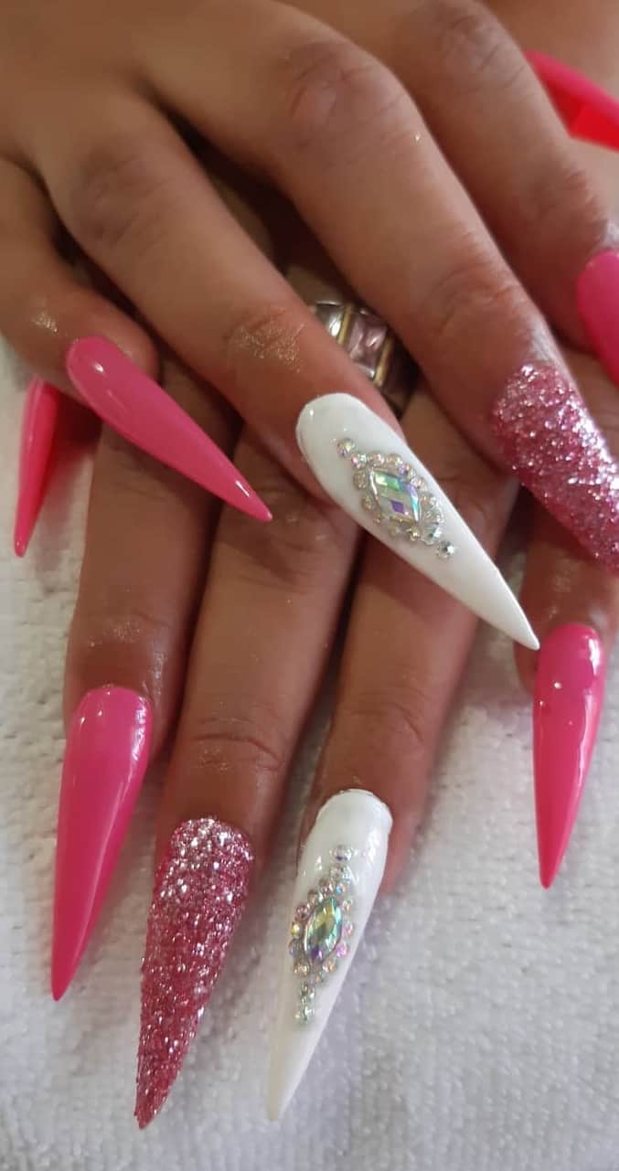 Pointed Nails with Studs and Rhinestones