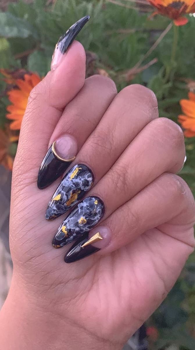 Pointed Nails with Marble Designs