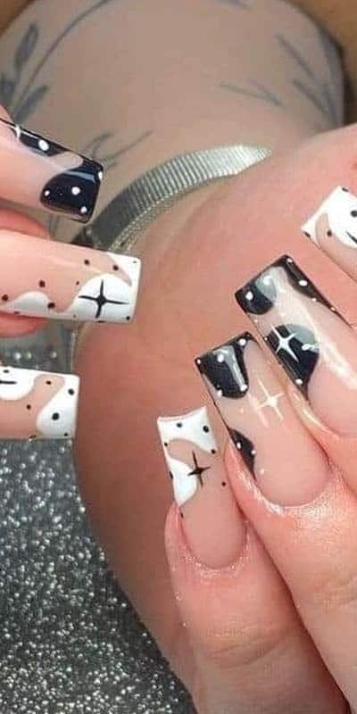Purple, Black and White Nails With Stars