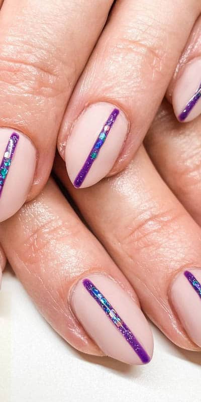 Nude Nails With Purple Stripes