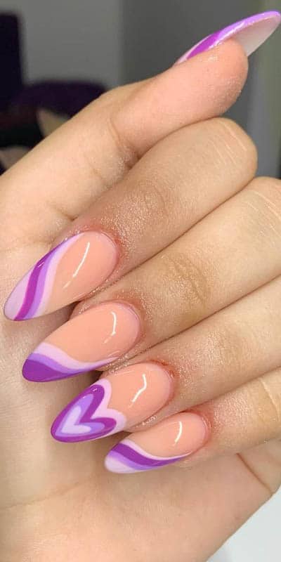 Wavy Purple Nail Design With Heart