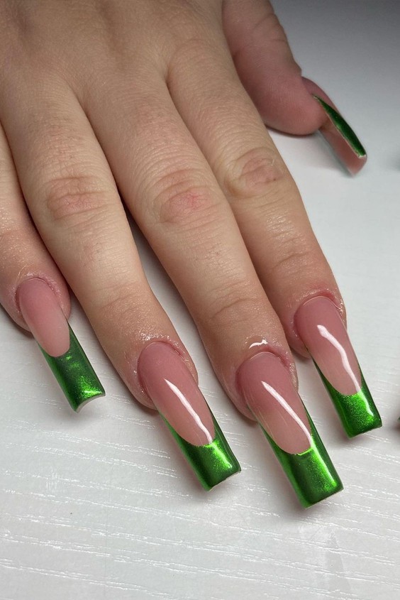 Green Chrome French Tips Nails