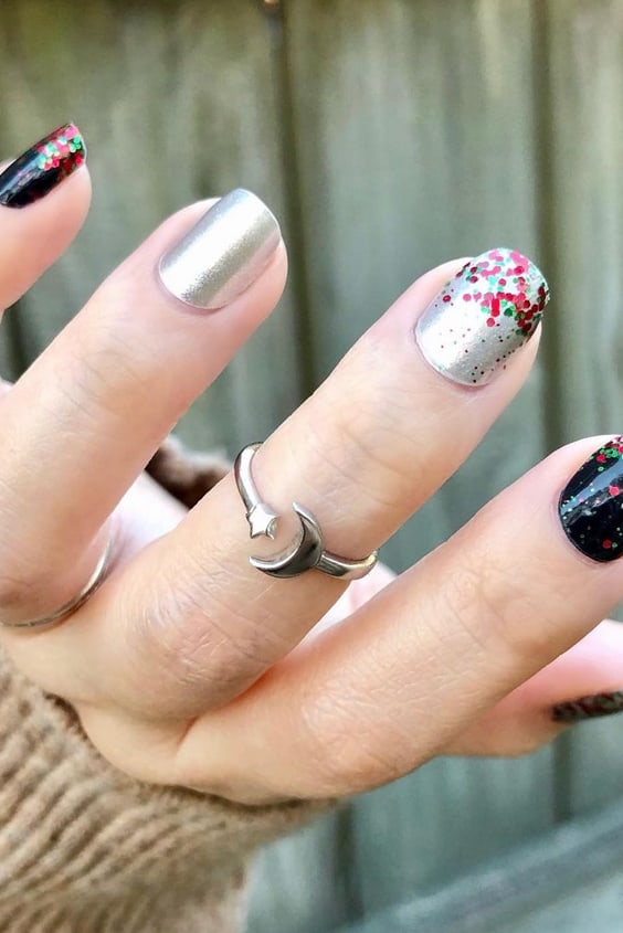 Silver Chrome Nails with Colorful Dot Flakes