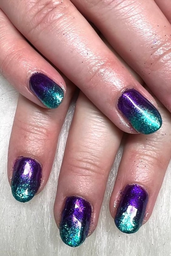 Purple and Green Ombre Chrome Nails