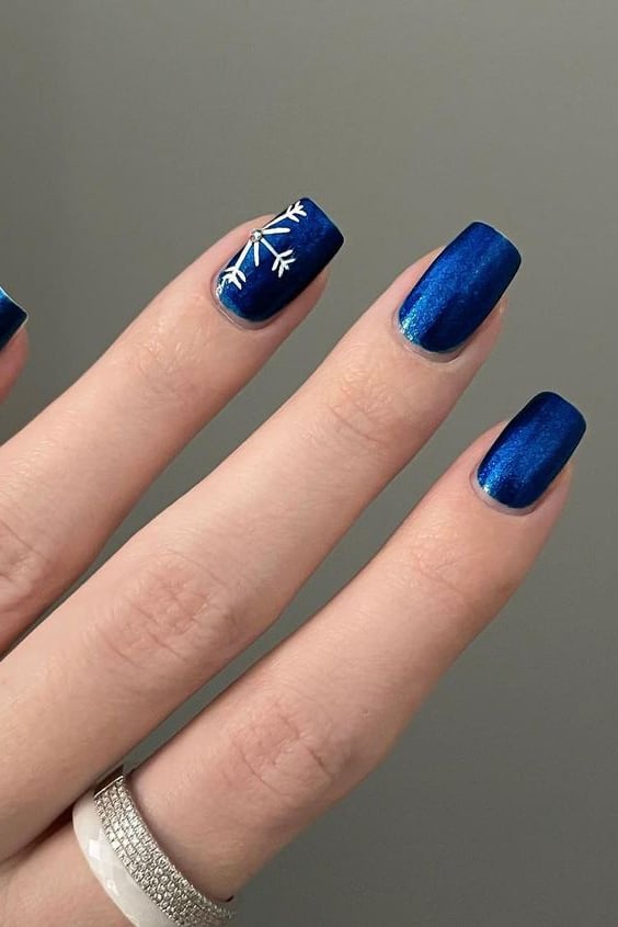 Blue Chrome Nails with Snow Flakes
