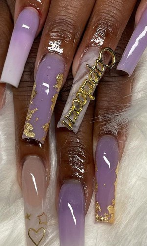 Long Lavender Purple Nails With Gold Foil