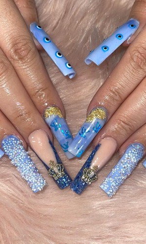 Long Square Baby Blue Nails With Gold Foil