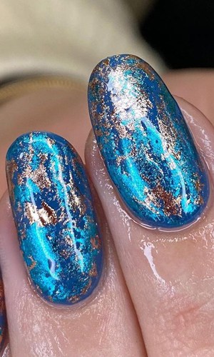 Glitter Blue Base Nails With Gold Foil
