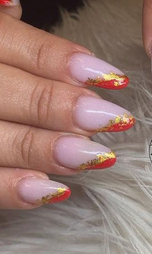 Nude Nails with a Pop of Red and Gold Foils