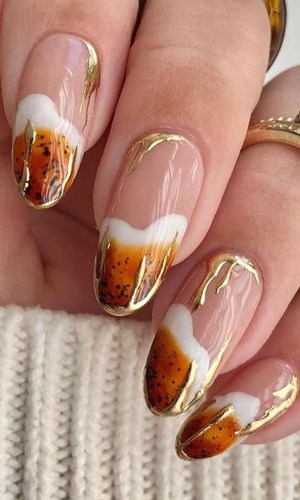 Glass Brown With Gold Drips Nails