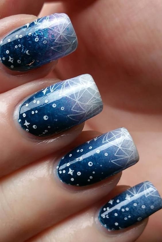 Night Color Gradient Nails With Geometric Pattern