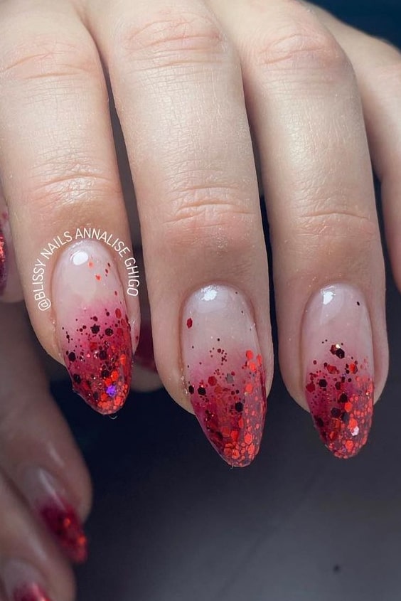 Sparkling Red Gradient Nails