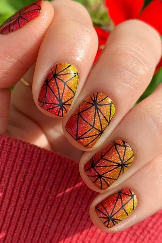 Orange Holographic Gradient Nails With Abstract Lines