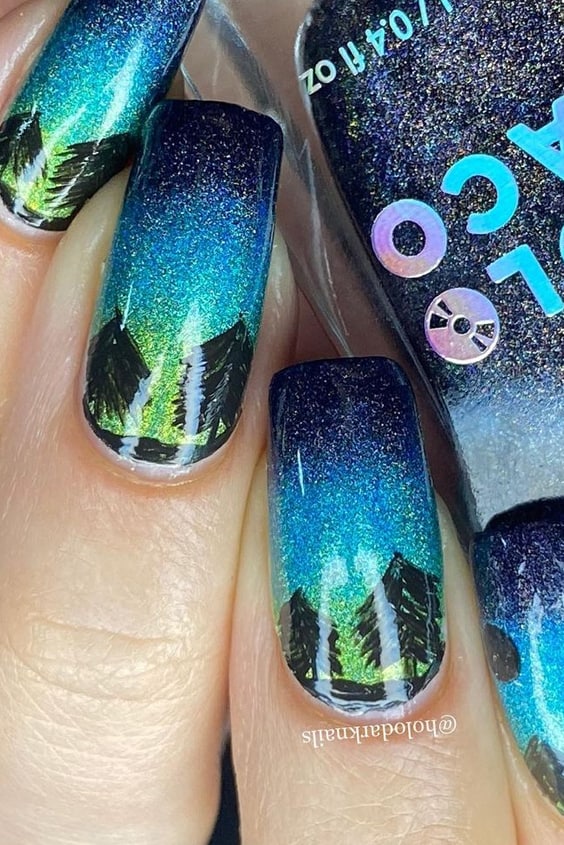 Cool Night Sky Gradient Nails With Trees Pattern