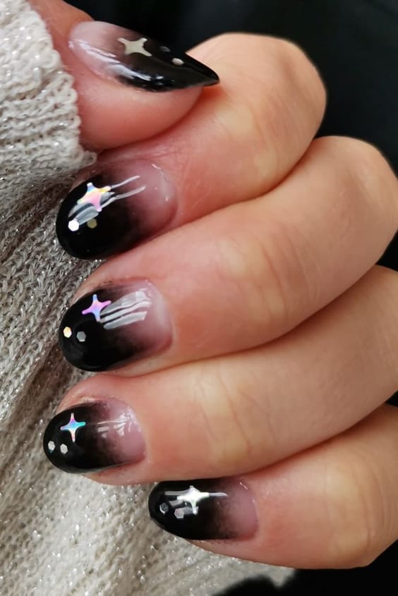 Nude to Black Gradient Nails With Sparkle