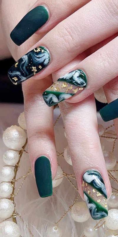 Cute Matte Green Marble Nails