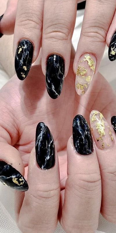 Black Marble Nails With Gold Foil