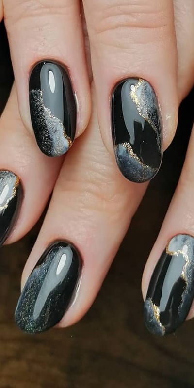 Black Marble Nails With Gold Accent