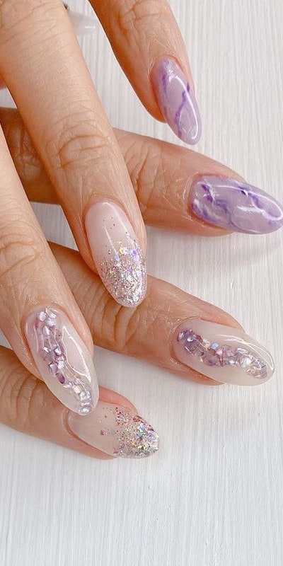 Purple Marble Nails & Seashells