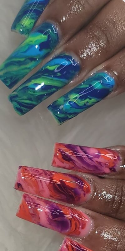 Red And Blue Marble Nails Combi