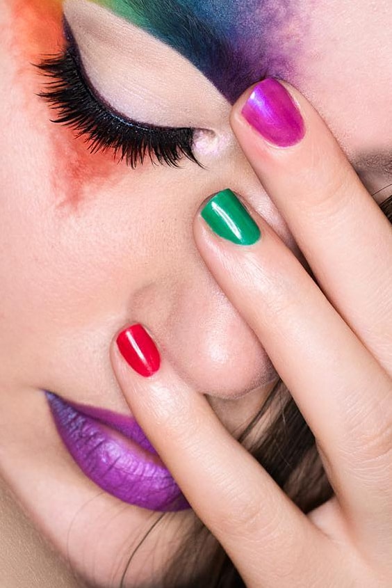 Matching Rainbow Nails With Purple Lipstick