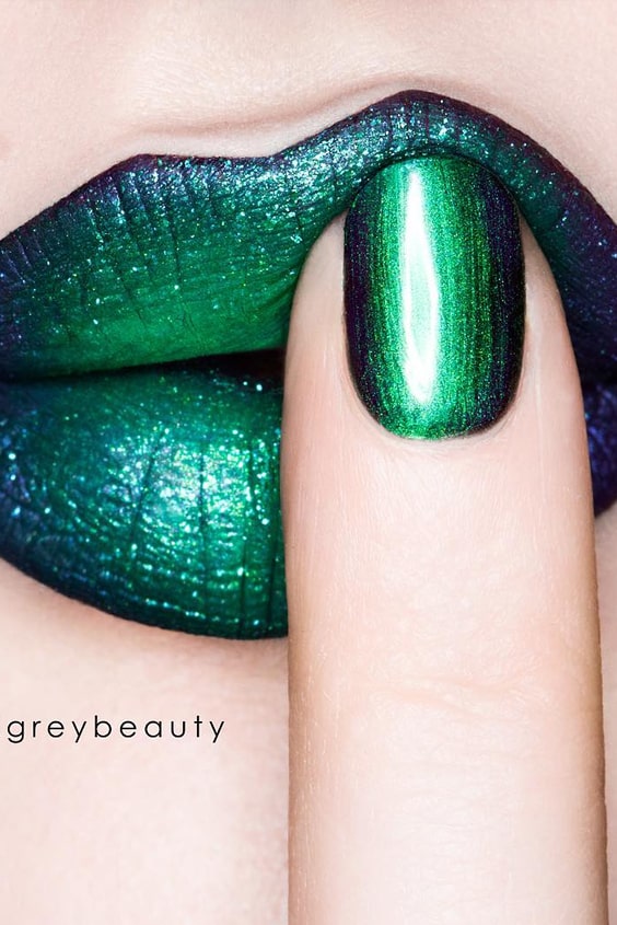 Matching Metallic Green Lipstick And Nails