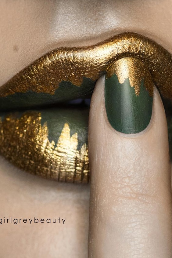 Matching Matte Olive Green Lipstick And Nails With Gold Accents