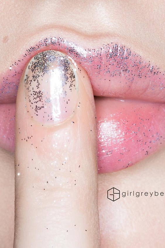 Matching Silver Glitter Lipstick And Nails