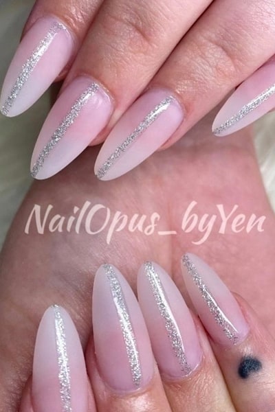 Matte Pink Ombre Almond Nails With Silver Strips