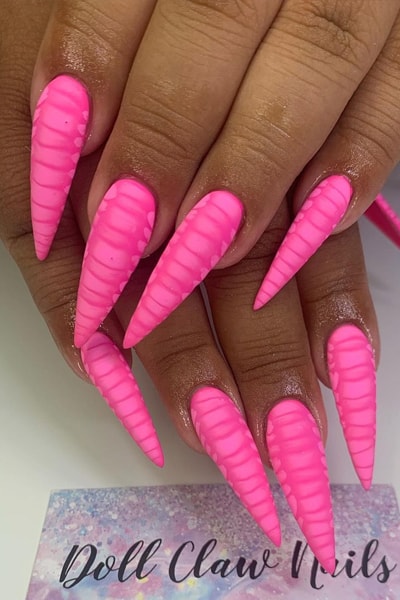 Bright Matte Pink Stiletto Nails With Animal Skin Pattern