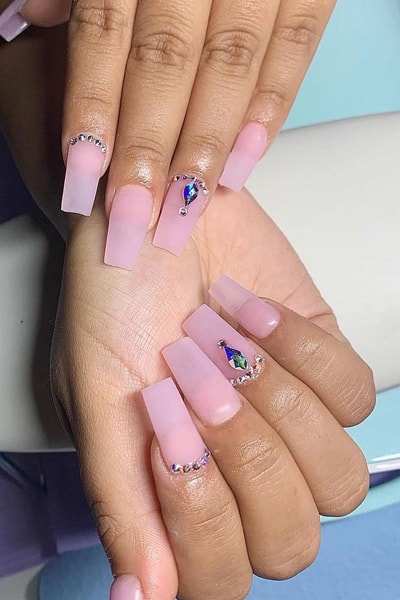 Square Matte Pink Nails With Rhinestones