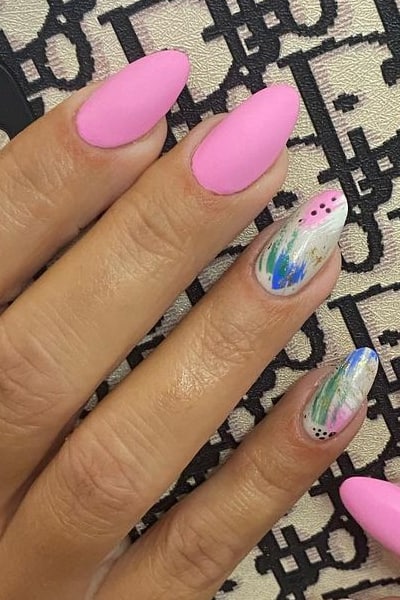 Matte Pink Nails With Abstract Art Design