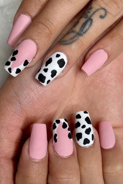 Matte Pink Nails With Black and White Giraffe Pattern