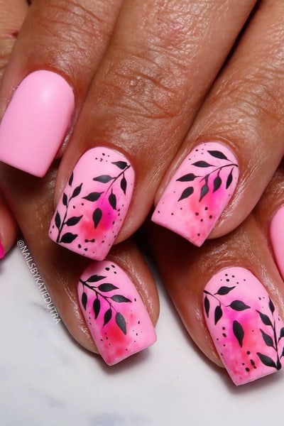 Matte Pink Nails With Leaves Pattern Designs
