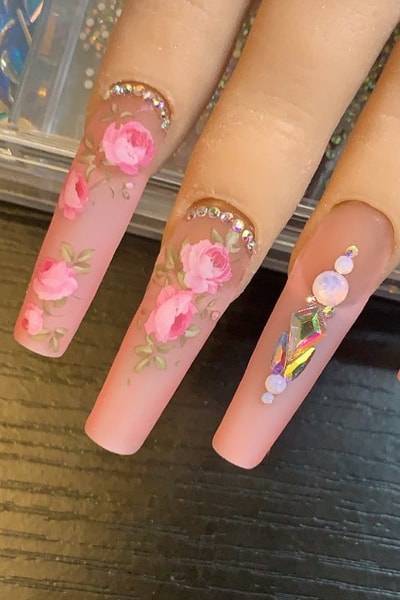 Matte Pink Nails With Roses Designs