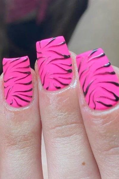 Bright Matte Pink Nails With Black Zebra Prints