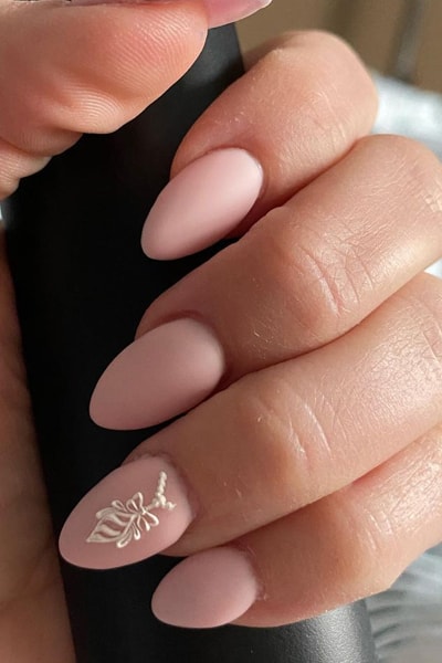 Simple Matte Pink Nails With Leaf Accent