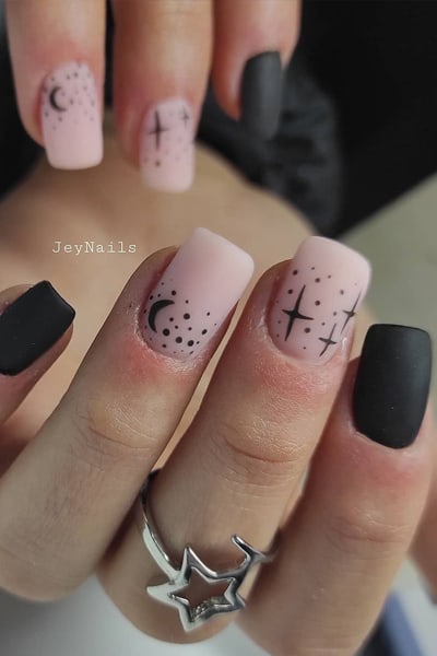 Matte Pink With Black Combi Nails