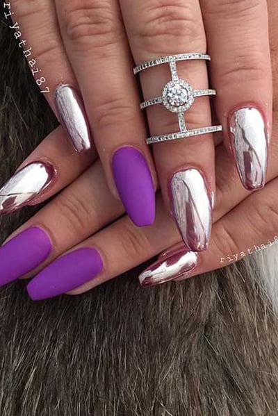 Matte Purple With Metallic Chrome Silver Nails