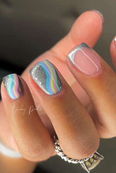 Nude Nails With Metallic Silver Tips and Rainbow Accents