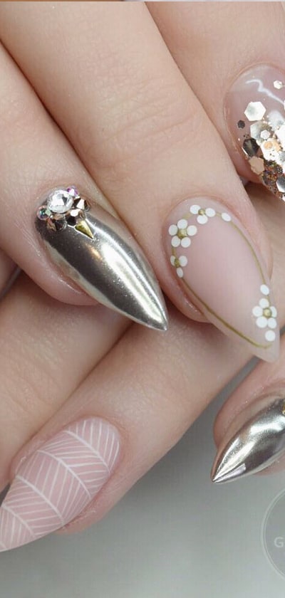 Nude Stiletto Nails With Gold Accent and Stamped Floral Pattern